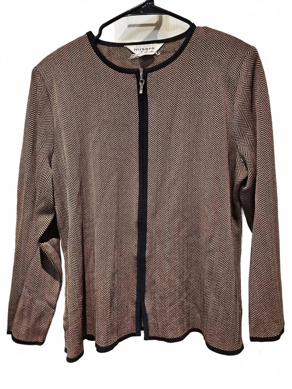 Misook Women’s Full Zip Acrylic Knit Jacket Brown Black Size Petite Large